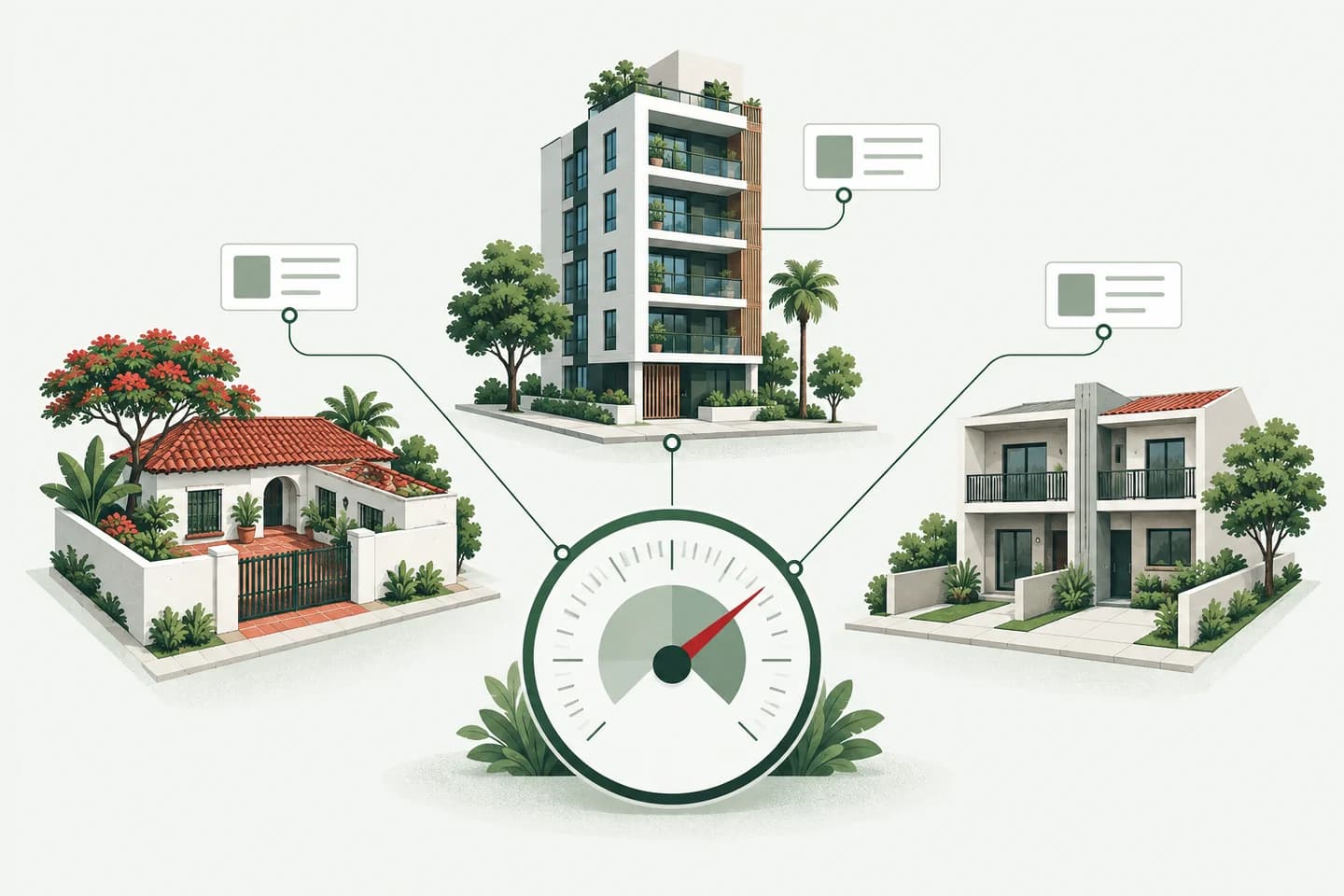 Una casa, un edificio e un duplex collegati a un indicatore: ogni tipo di immobile ha il proprio contesto.