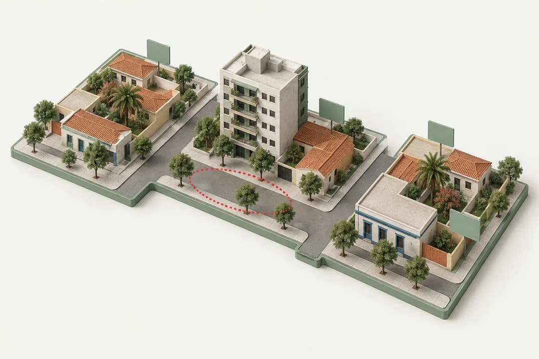 Modello di quartiere con annunci vicini e cerchio tratteggiato su una strada: posizione approssimativa.