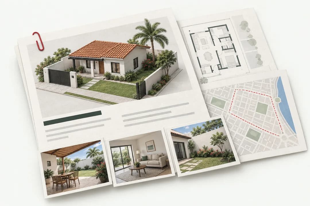 A listing with photos, a floor plan and an area reference: available information, not legal verification.